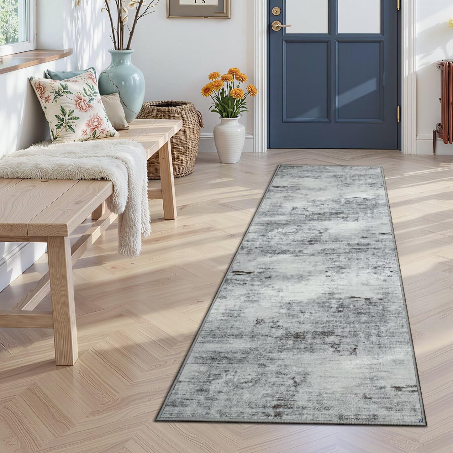 Toneed 2x6 Runner Rug Modern Abstract Hallway Rug Washable Non Slip Rubber Rugs for Kitchen Stairs Entryway Bedroom Living Room Printed Low Pile Foldable Accent Rugs Grey