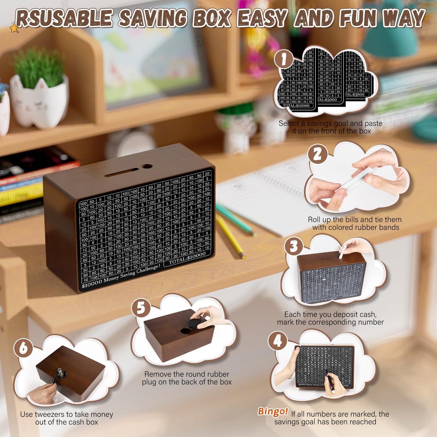 Wooden Money Saving Box, Cash Vault Savings Box for $10000 $5000 $3000 $1000 $800 $500 Target Money Saving Challenge, Reusable Money Box with Counter, Dry Erase Pen/Savings Trackers/Rubber Band-Brown