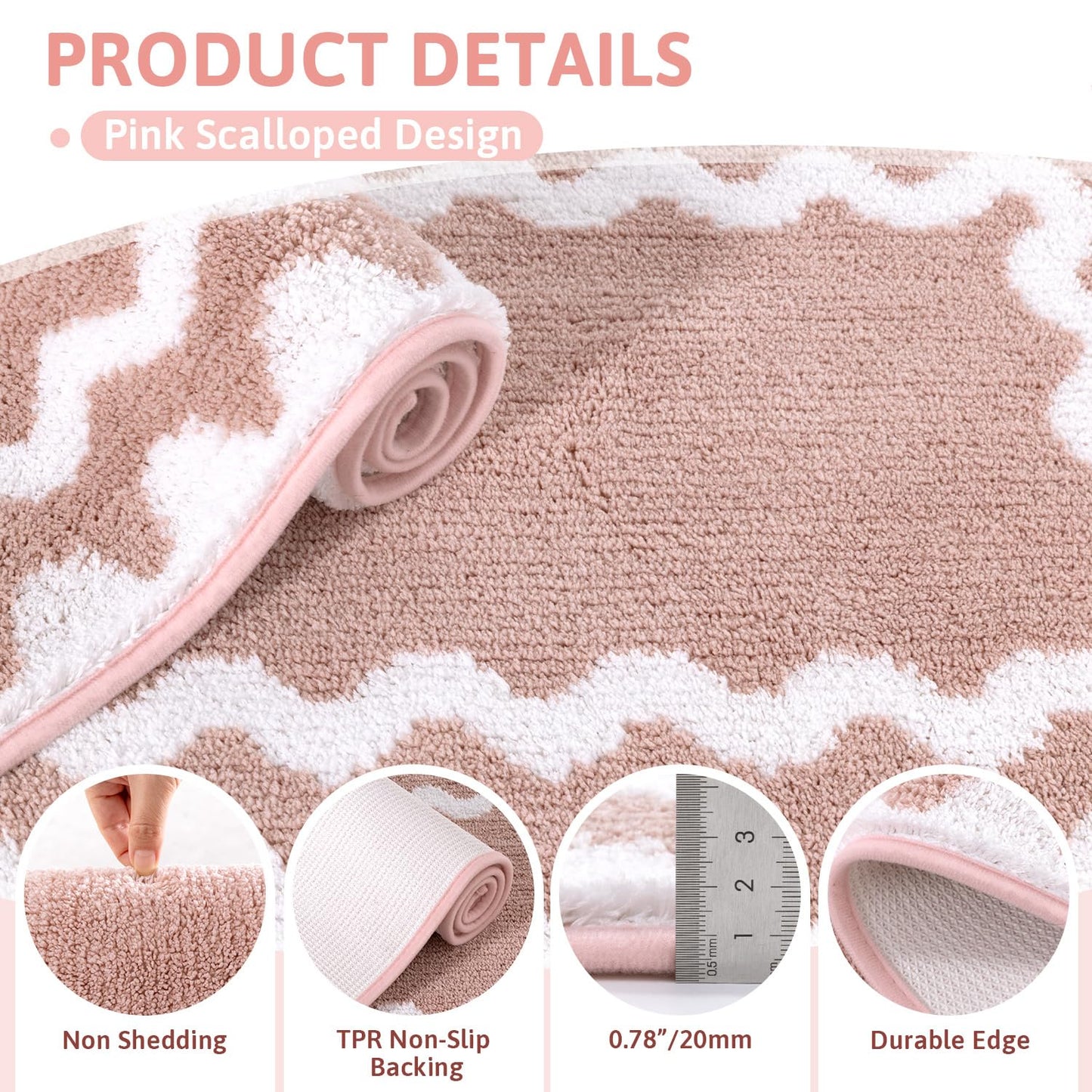 Findosom Scalloped Bathroom Rugs Sets 3 Piece, Absorbent Soft Non-Slip Washable Microfiber Shaggy Bath Mat Set with Bathroom Runner Rug, U-Shaped Toilet Rugs, Shower Rug, Pink-White