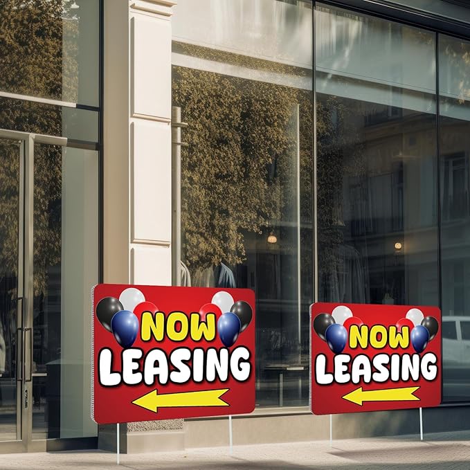 Ripeng 3 Pcs Leasing Double Sided Yard Signs with Arrow 16 x 12 Inch Yard Signs with Stakes for Outdoor Office Retail Store Restaurant Bar Hotel (Now Leasing)