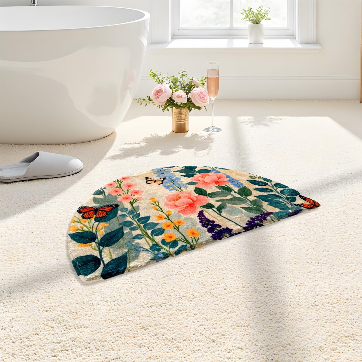 Half Round Butterfly Bathrug Doormat Outdoor Rug Non-Slip Bath Rugs Semi Circle Flower Bathroom Door Mat Welcome Mats Decor Floral Style Mats (Grass)
