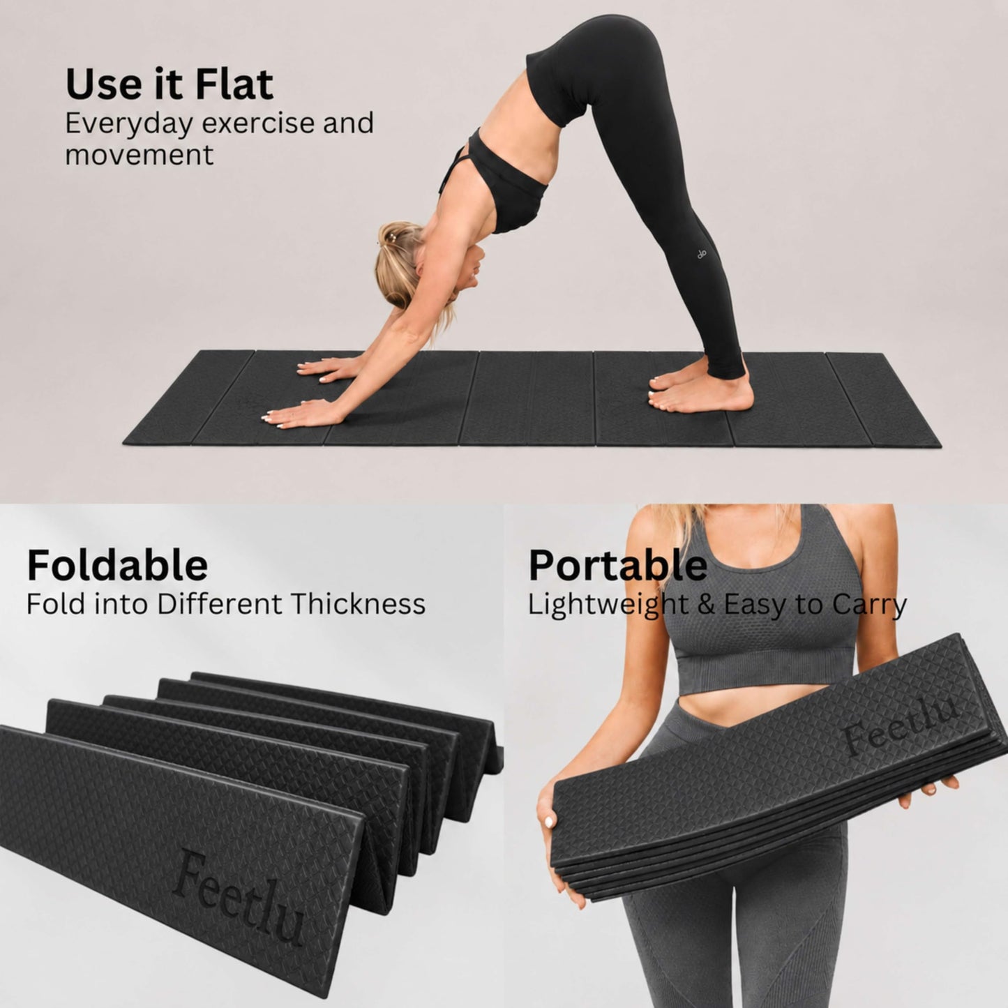 Feetlu Foldable Yoga Exercise Mat, 6mm/8mm/10mm/12mm Thickness, 72 x 24 Inch - Lightweight, Anti-Slip, and Easy to Store for Yoga, Pilates, Home Workouts, and Floor Exercises