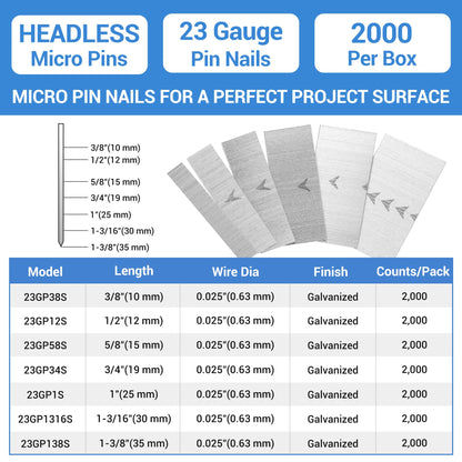 meite 23 Gauge Pin Nails, 1/2 Inch Micro Headless Pins - Galvanized 23GA Pins Nails for Nail Gun, Ideal for Fine Woodworking and Trim Work (2,000 Counts)