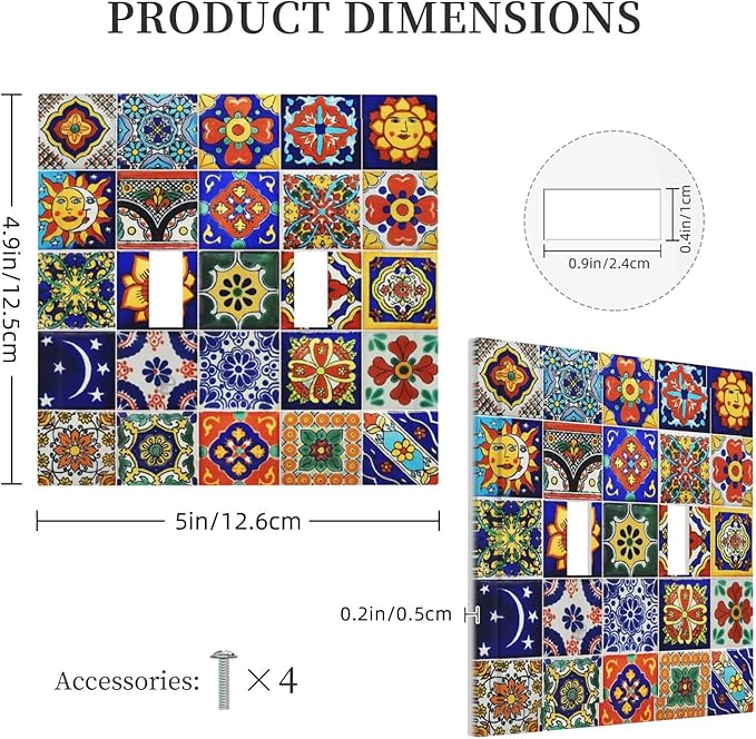 Traditional Colorful Talavera Mexican Spanish Moroccan Tiles Double Toggle Light Switch Cover Decorative 2 Gang Wall Plate Electrical Switchplate Faceplate for Bathroom Decorate Accessories