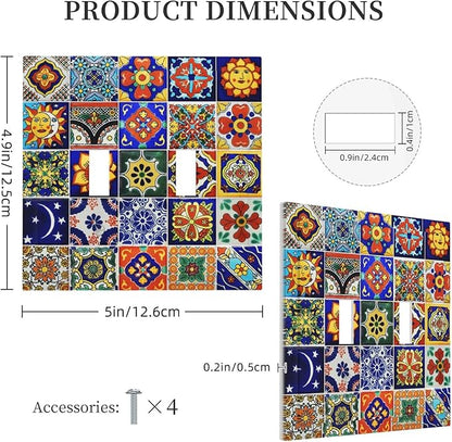 Traditional Colorful Talavera Mexican Spanish Moroccan Tiles Double Toggle Light Switch Cover Decorative 2 Gang Wall Plate Electrical Switchplate Faceplate for Bathroom Decorate Accessories