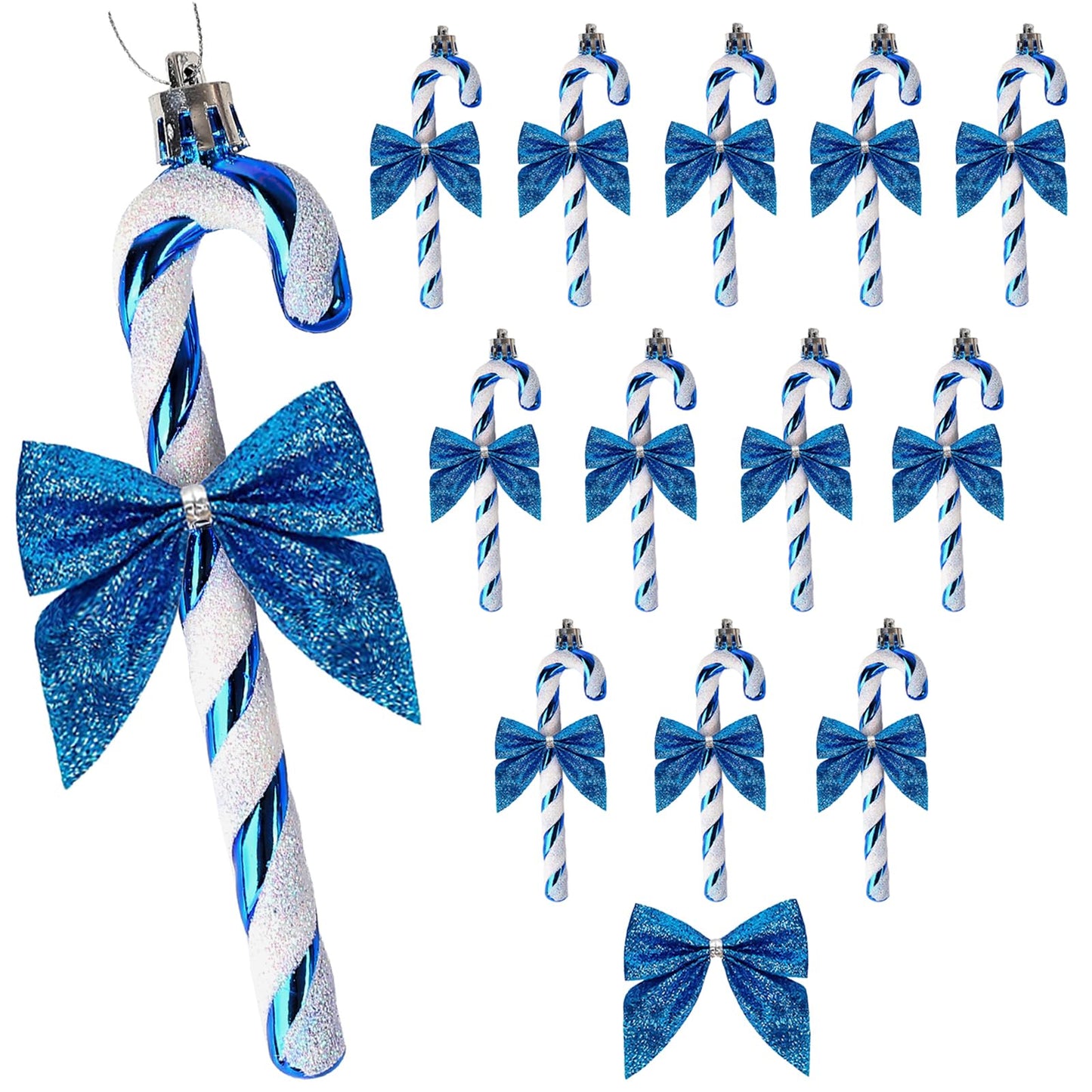 HERZWILD 12Pcs Christmas Glitter Candy Cane with Bow Blue Plastic Candy Cane Decoration Christmas Tree Hanging Ornament for Holiday Party Decoration Favor(Blue Bow)