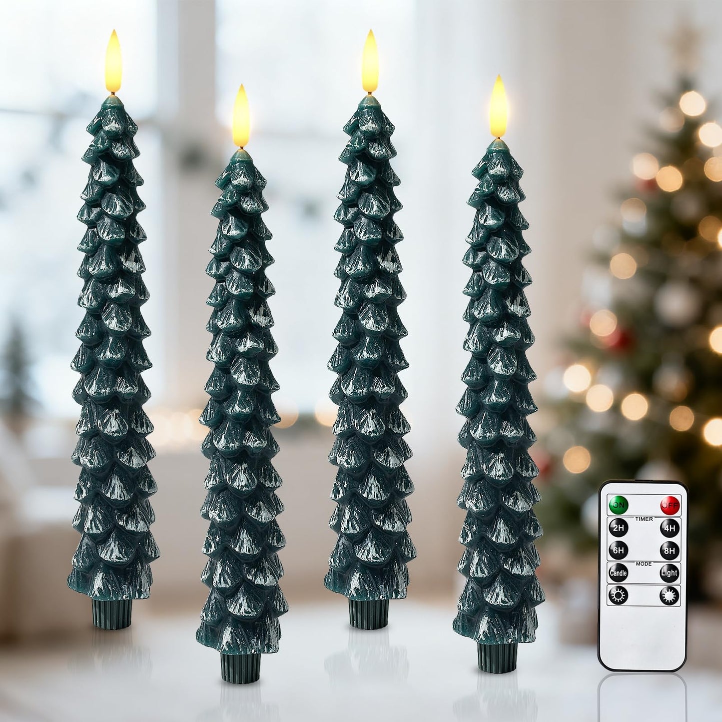 Christmas Decorations Indoor, Christmas Decor-Christmas Tree Taper Flameless Candles Battery Operated with Remote Timer, Xmas Candlestick Home Table Mantel Room Decor, 4 Pack(Green&White) Large, 11.4"