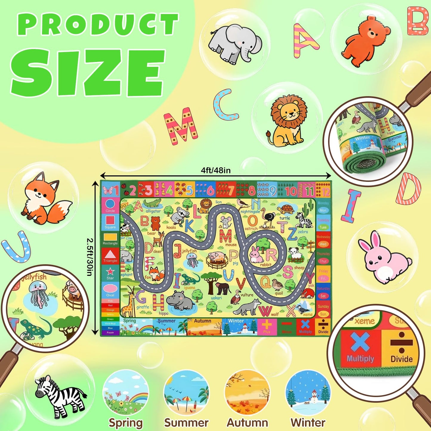 HBUFBUQ Educational ABC Area Rug 2.5x4 Feet Kids Rugs for Playroom Non Slip Alphabet Animals Numbers Shapes Floor Mat for Bedroom Nursery Classroom Boys Girls Learning Carpet