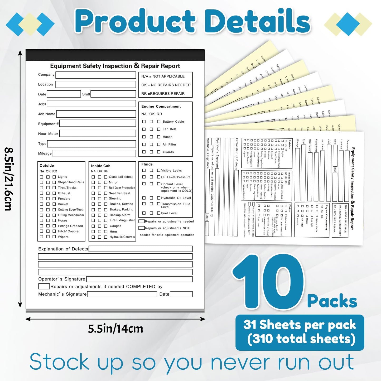 Humyoun 10 Pack 5.5" x 8.5" Equipment Safety Inspection Report Detailed Driver's Vehicle Inspection Report Book Daily Pre Trip 2-ply, Carbonless, 31 Sets of Forms Per Book