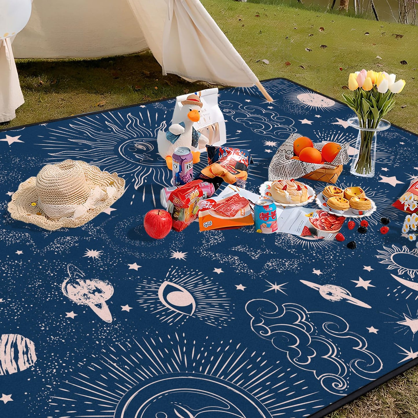 awufncksn Gothic Picnic Blankets Waterproof Foldable,60″X80″Thick Picnic Mat Blue Outdoor Blanket for Grass, Sun and Moon Beach Blanket Sandproof Picnic Accessories for Camping Party Travel Park Lawn