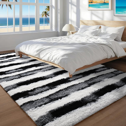 Woottpe Black and White Rugs for Living Room Bedroom, 4x6 Fluffy Soft Plush Area Rugs with Non-Slip Backing, Modern Striped Shag Fuzzy Carpets for Kids Playroom Nursery Dorms Home Decor