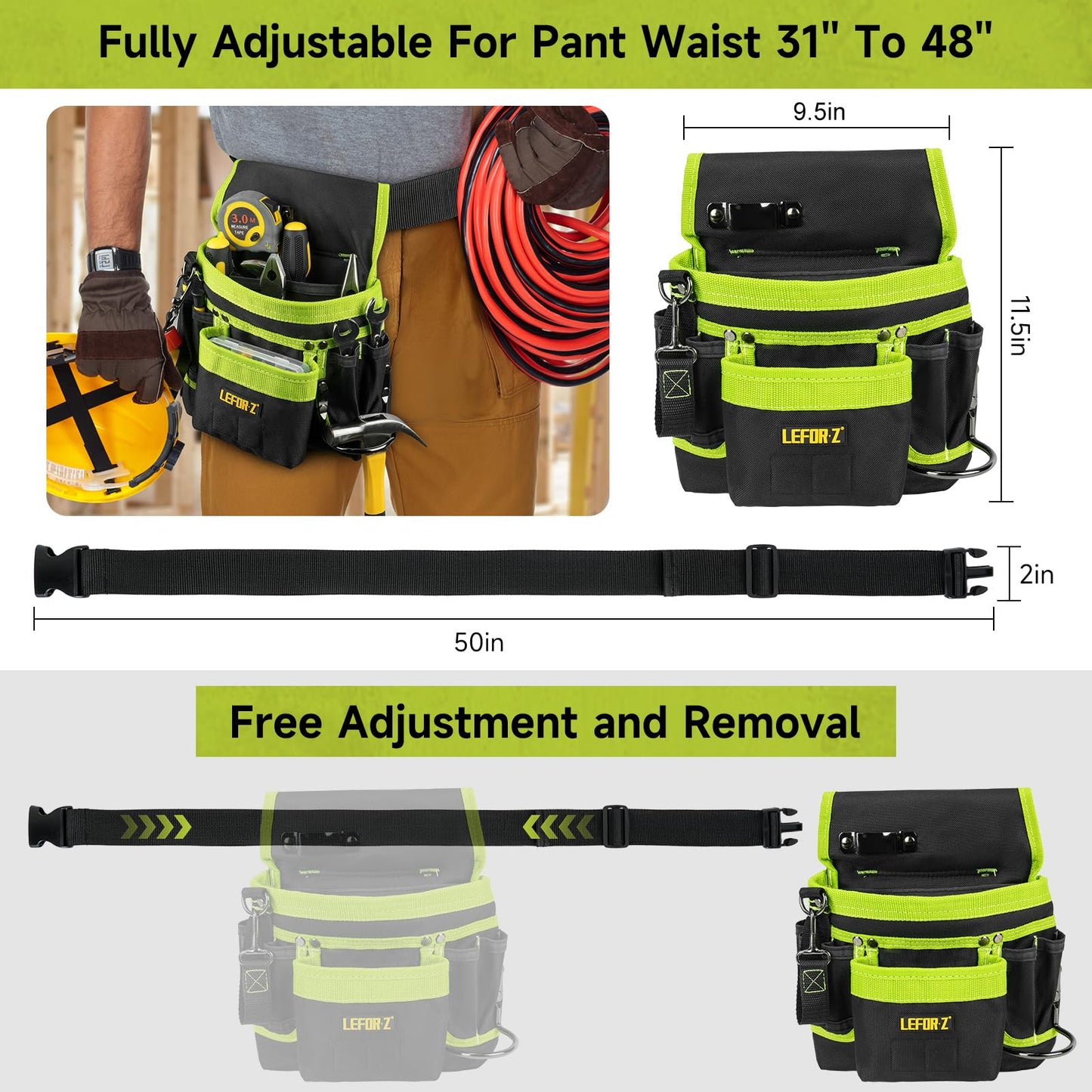 Tool Belt,Magnetic Tool Pouch,14-Pockets Tool Belts for Men,Detachable & Adjustable Tool Pouch belt for Electrician,Carpenter,Construction,Work Apron,Utility Belt,Black-Green