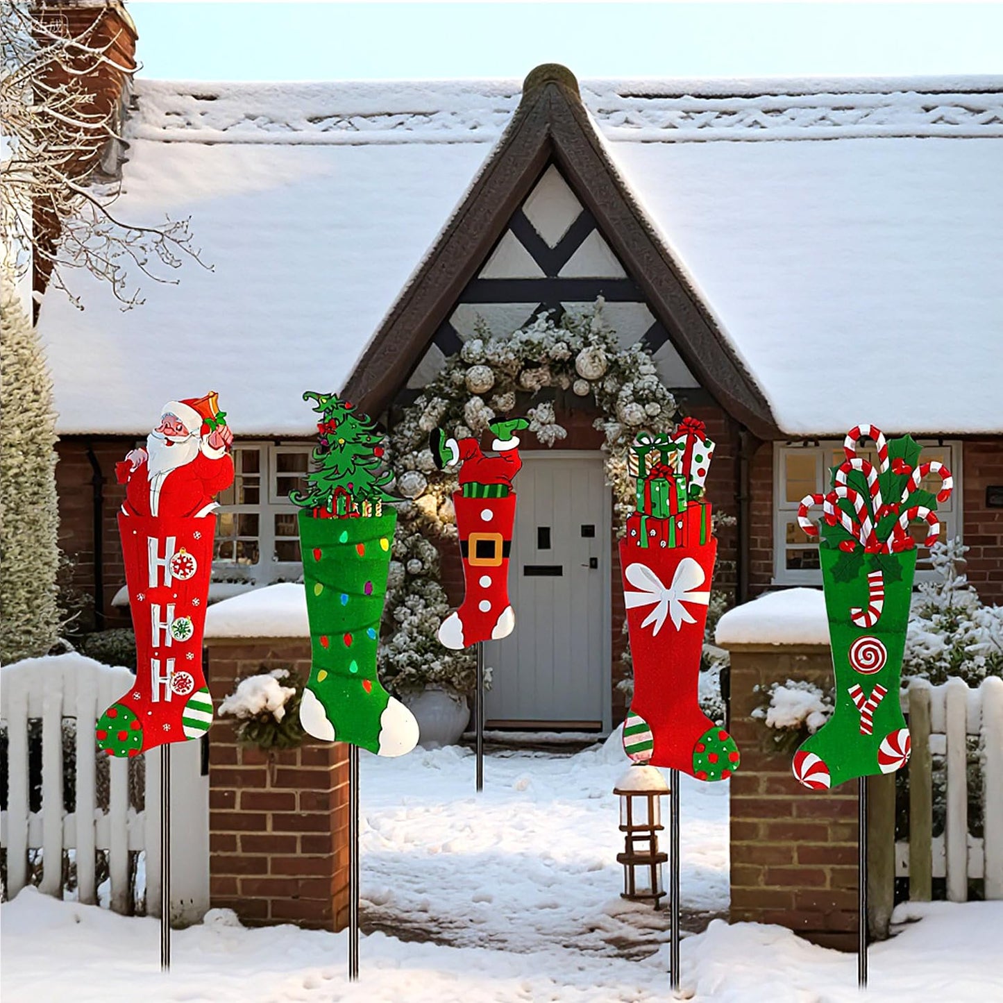 Roowest 5 Pack 12'' H Metal Christmas Yard Stakes Outdoor Decorations Red and Green Christmas Stocking Elf Santa Signs Winter Potted Plant Stakes for Holiday Lawn Garden Home Porch Party Decor