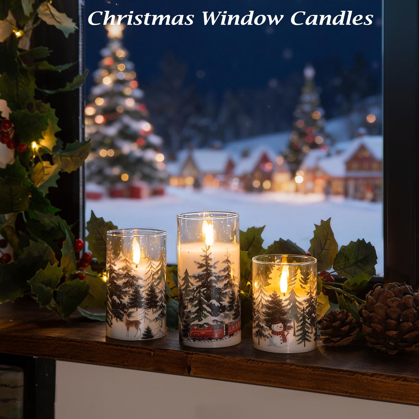 LUSHARBOR LUSHABOR Christmas Flameless Candles, 3 Pack Battery Operated Candles for Christmas Mantel Decor, Glass LED Flickering Candles Home Xmas Party Holiday D3 H4 5" 6", Trees