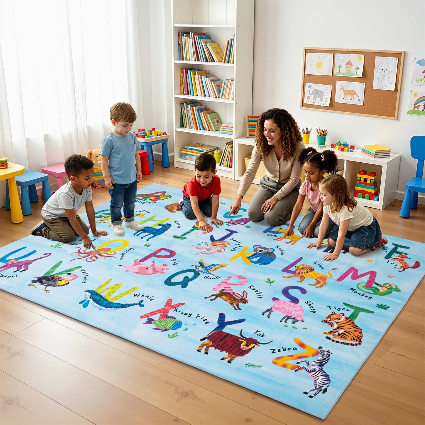 Rogara 6x9 ABC Classroom Rug for Kids Playroom, Alphabet Rug with 26 Animals, Non-Slip Washable Kids Carpet, Educational Preschool Play Mat for Daycare, Nursery, Toddler Bedroom