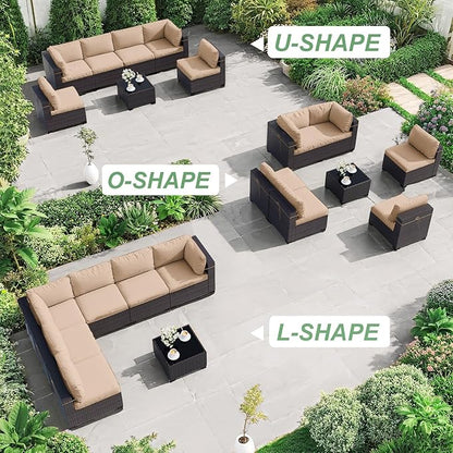 ALAULM 7 Pieces Patio Furniture Set with Coffee Table, Outdoor Sectional with Thick Cushion, All Weather Wicker Rattan Conversation Set for Backyard, Garden, Deck, Sand