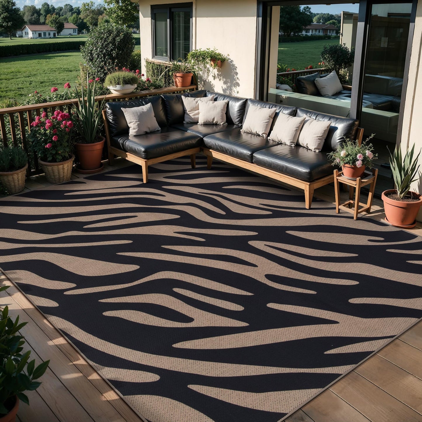 Tangsoo Modern Easy Jute 5x7 Large Washable Area Rugs for Dining Room,Black Non-Slip Thin Indoor Outdoor Rug,Neutral Zebra Pattern Print Mat for Living Room Home Office Backyard Patio