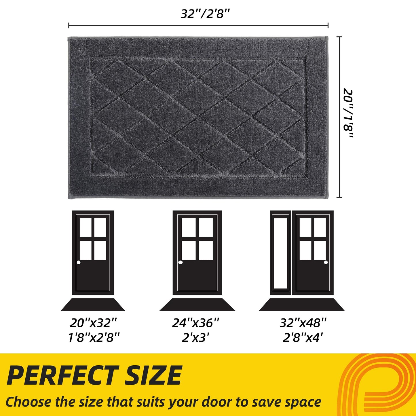 JSEI Dirt Trapper Door Mat 20"x32", Non-Slip Washable Entryway Mats, Dog Door Mat, Absorbent Floor Mats, Low Profile Welcome Mat for Front Back Door, Dark Grey