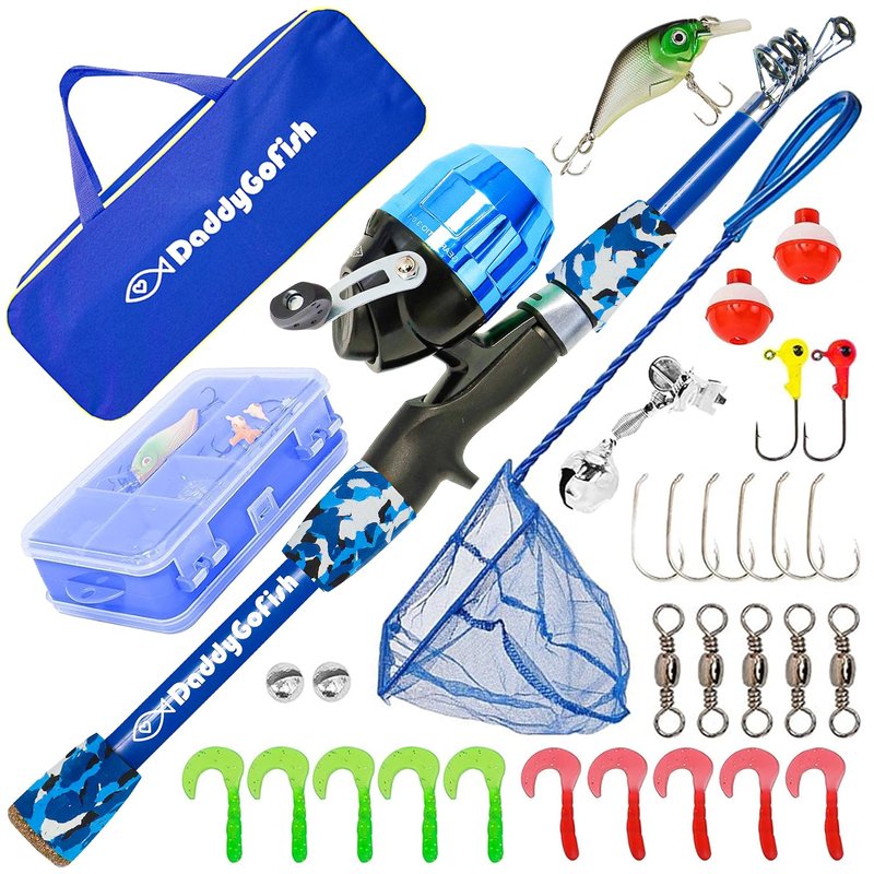 DaddyGoFish Kids Fishing Pole - Rod Reel Combo Tackle Box Starter Set - First Year Small Gear Kit for Boys Girls Toddler Youth Age Beginner Little Children (Essential Set, Blue, 4ft)