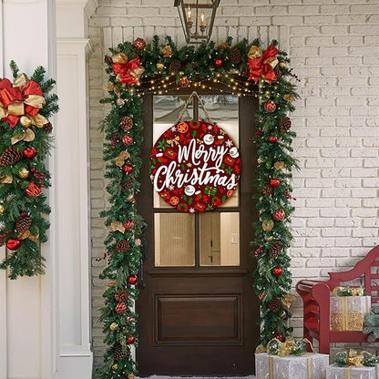 Merry Christmas Welcome Wooden Door Sign for Front Door Winter Christmas Door Hanger Xmas Holiday Hanging Wall Sign for Farmhouse Home Porch Outdoor Decorations