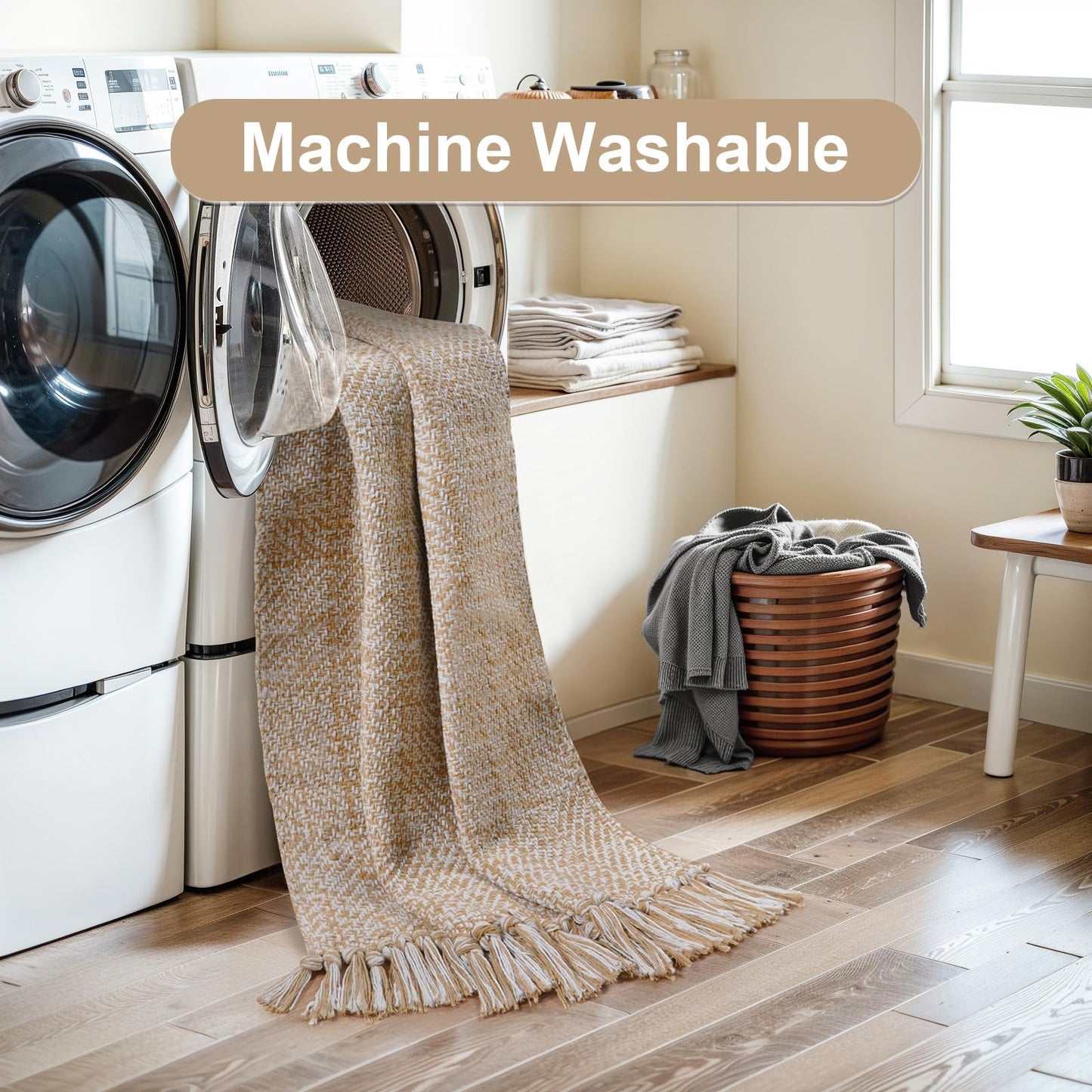 Collive Hallway Runner Rug, 2' x 5' Soft Washable Tan Contemporary Modern Laundry Room Indoor Hand-Woven Cotton Carpet for Bedroom Entryway Front Door Farmhouse Kitchen