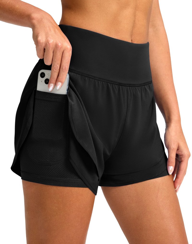 SANTINY Women's 2 in 1 Running Shorts with Pockets 3" High Waisted Exercise Workout Athletic Shorts for Women with Liner(Black_M)