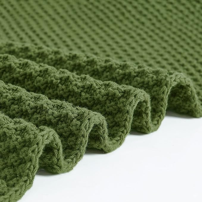 Longhui bedding Olive Green Knitted Throw Blanket for Couch, Soft, Cozy Machine Washable 100% Cotton Sofa Knit Blankets, Heavy 3.0lb Weight, 51 x 63 Inches, Green Color.