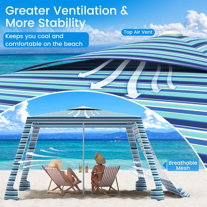 MoKo Beach Cabana, 8'×8' Large Beach Canopy with Side Wall, UPF 50+ Protection Easy Setup Beach Tent Sun Shelter, Adjustable Height Wind Resistant Cabana Beach Tent for Whole Family, Blue-Green Stripe