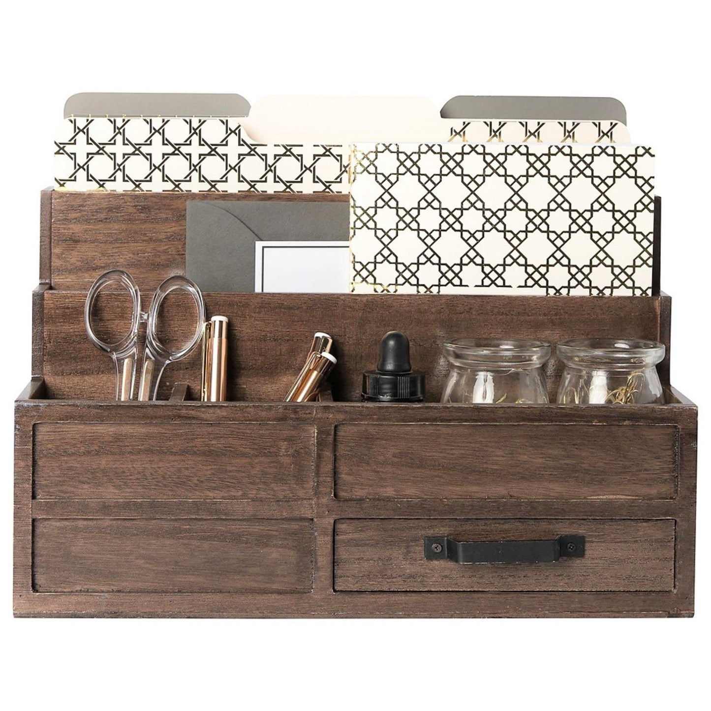 BLU MONACO | Wooden Mail Organizer with Drawer and Pen Holder | Mail Sorter Organizer Countertop for Desk or Kitchen | Outgoing Mail Holder Wood Desktop Storage
