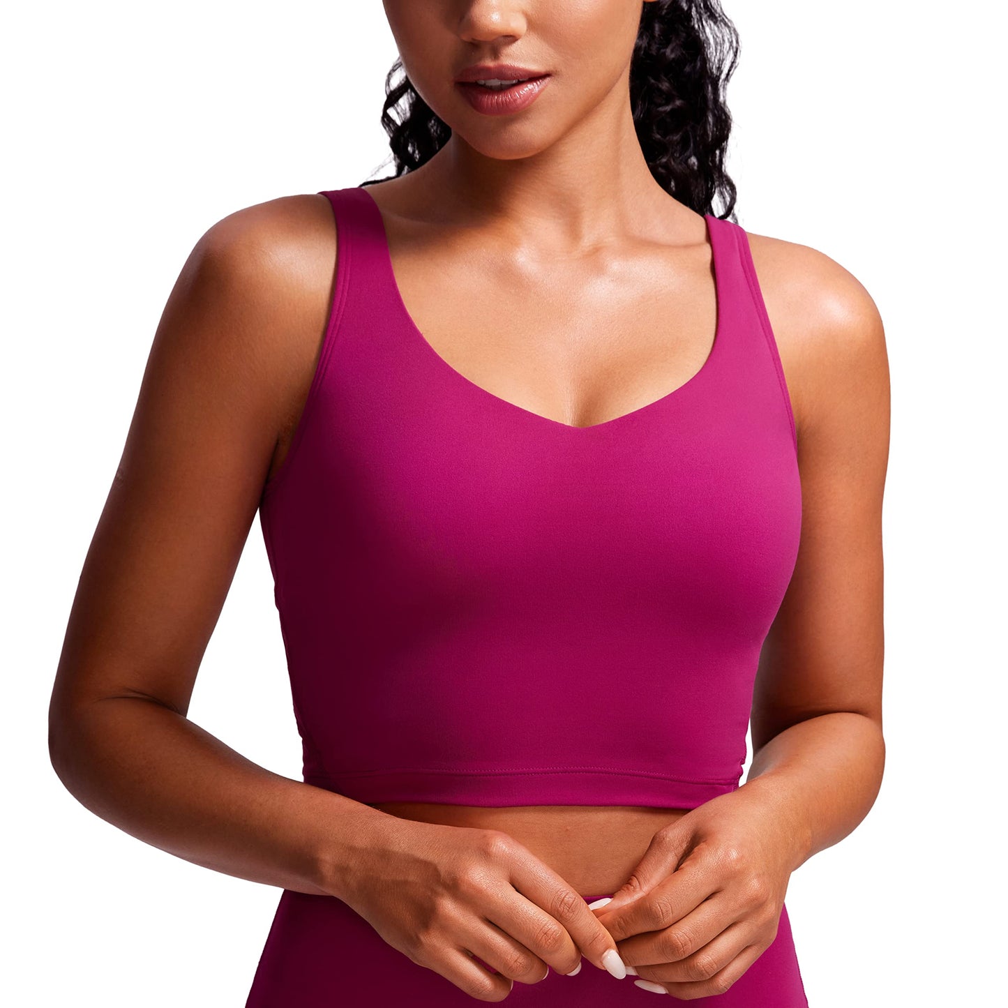 CRZ YOGA Butterluxe Womens V Neck Longline Sports Bra - U Back Padded Crop Workout Tank Tops with Built in Pads Magenta Purple Small