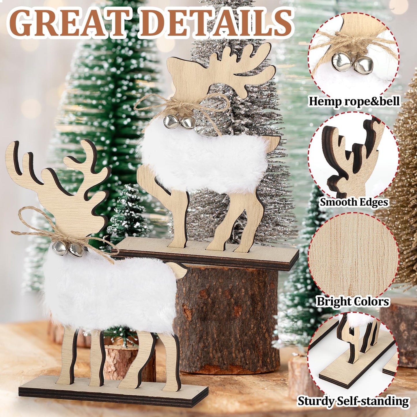 COCHIE Cute Christmas Tiered Tray Decor Indoor, Wooden Reindeer Christmas Tabletop Decorations and Xmas Tree Centerpiece, Reindeer Sign Standing Elk Decor for Home Party Decorations (Fur)