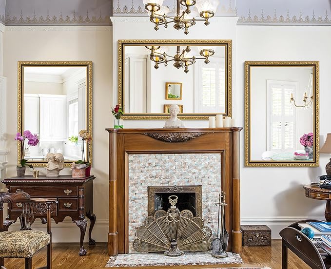 Vintage Black Gold Mirror, 40'' x 28'' Rectangular Antique Wall Mirrors with Ornate Wood Frame, Decorative Mirrors for Living Room, Bathroom, Bedroom, Entryway, Fireplace, Horizontal/Vertical