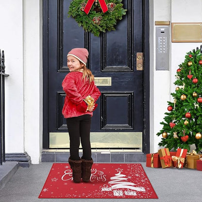 CAROMIO Christmas Doormat Xmas Holiday Decorative Christmas Tree Snowflake and Gift Pattern Welcome Mat for Home Decoration Non Slip Door Mat, Red, 17x29 Inch