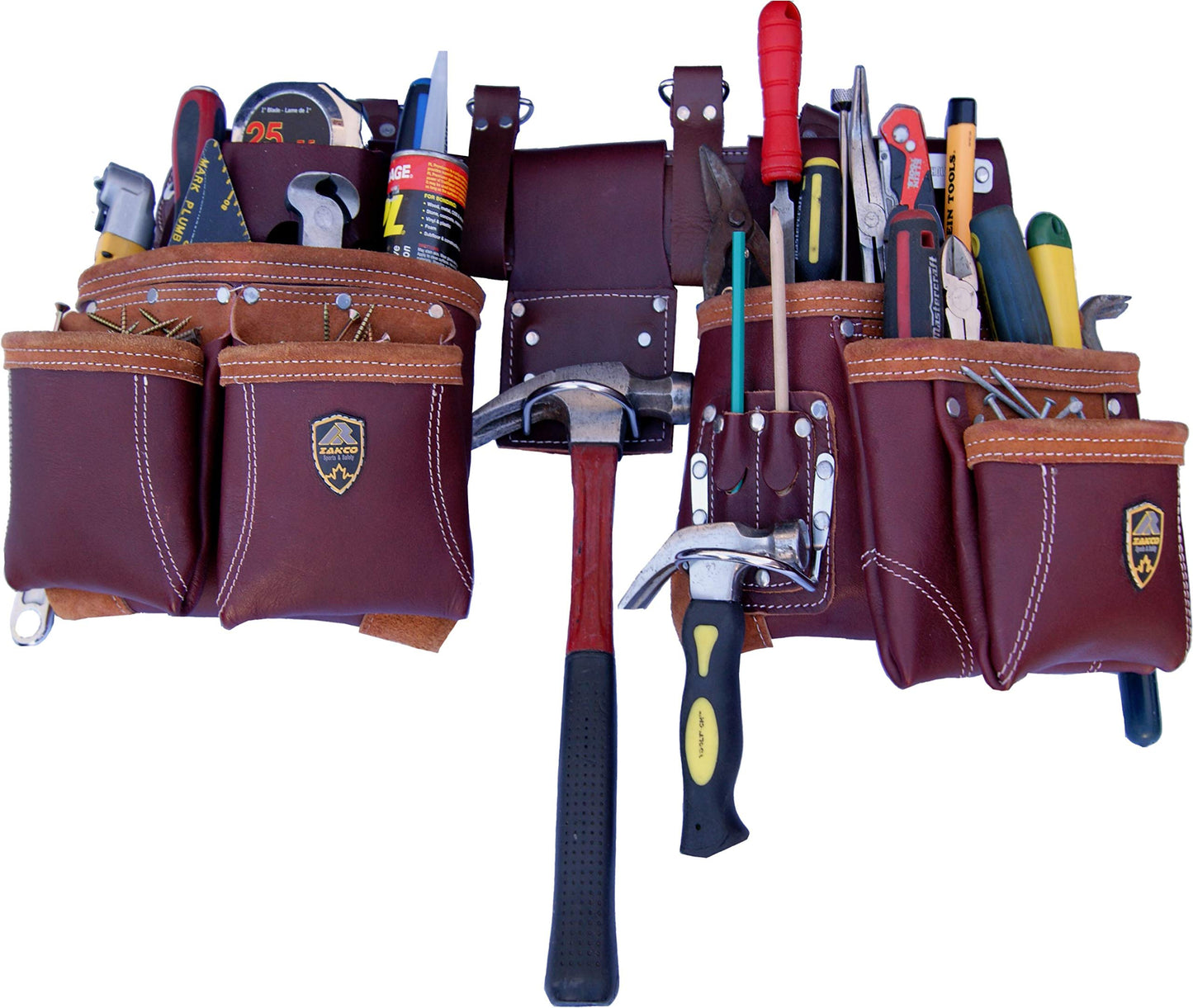 Zakco PRO-21 Genuine Full Grain Leather Heavy Duty Multi Pockets Construction Rig, Carpenters Tool Belt, 2 Leather Pouches Belt Framer’s, Handyman, Roofer’s,Tool Belt & Tool Organizer, Best Tool Apron