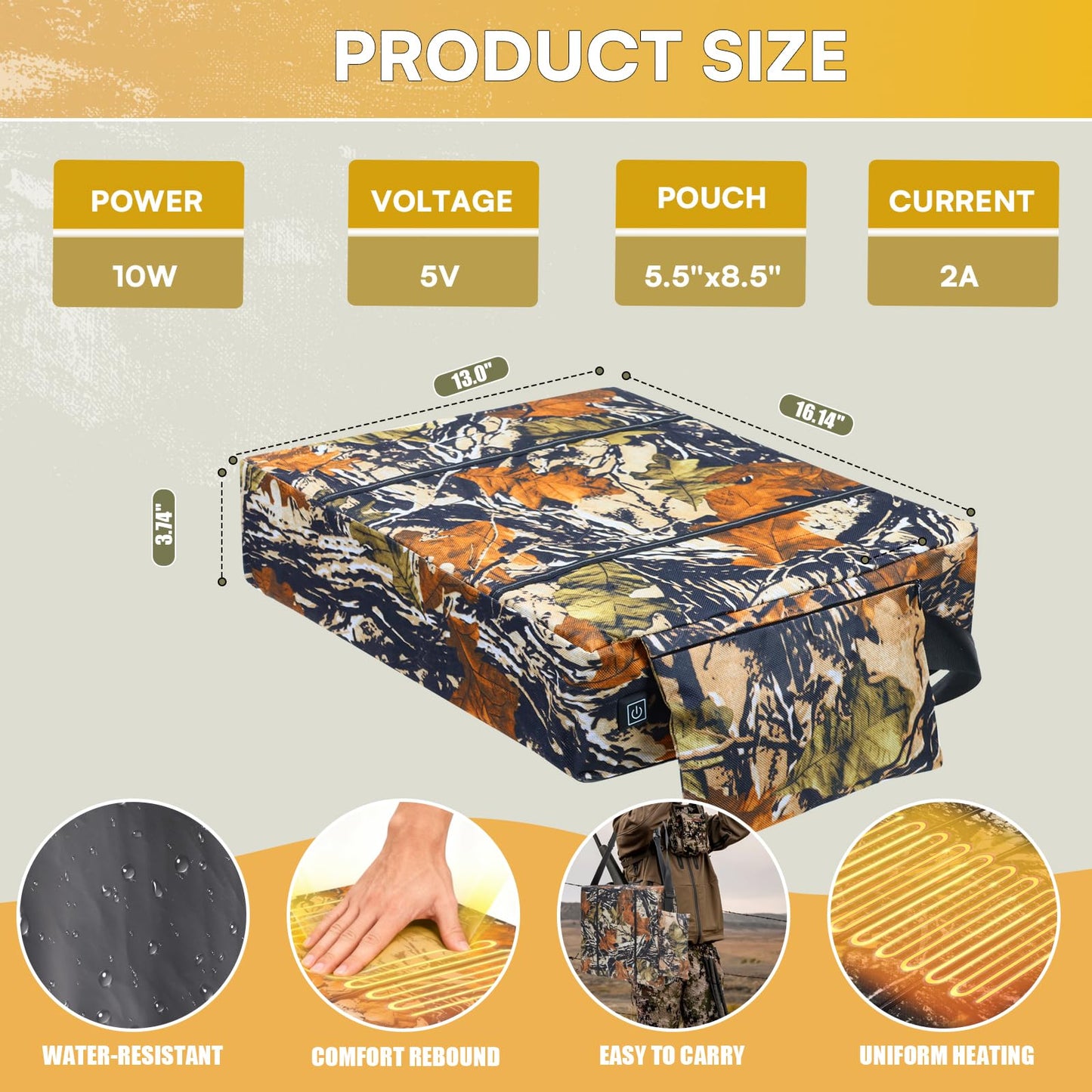 Fisoceny Heated Hunting Seat Cushion Pad Thermal Hunting Seat with 10000 mAh Power Bank Adjustable Temperature Hunting Hot Seat Cushion for Tree Stand,Bleacher,Sport Without Backrest,Yellow