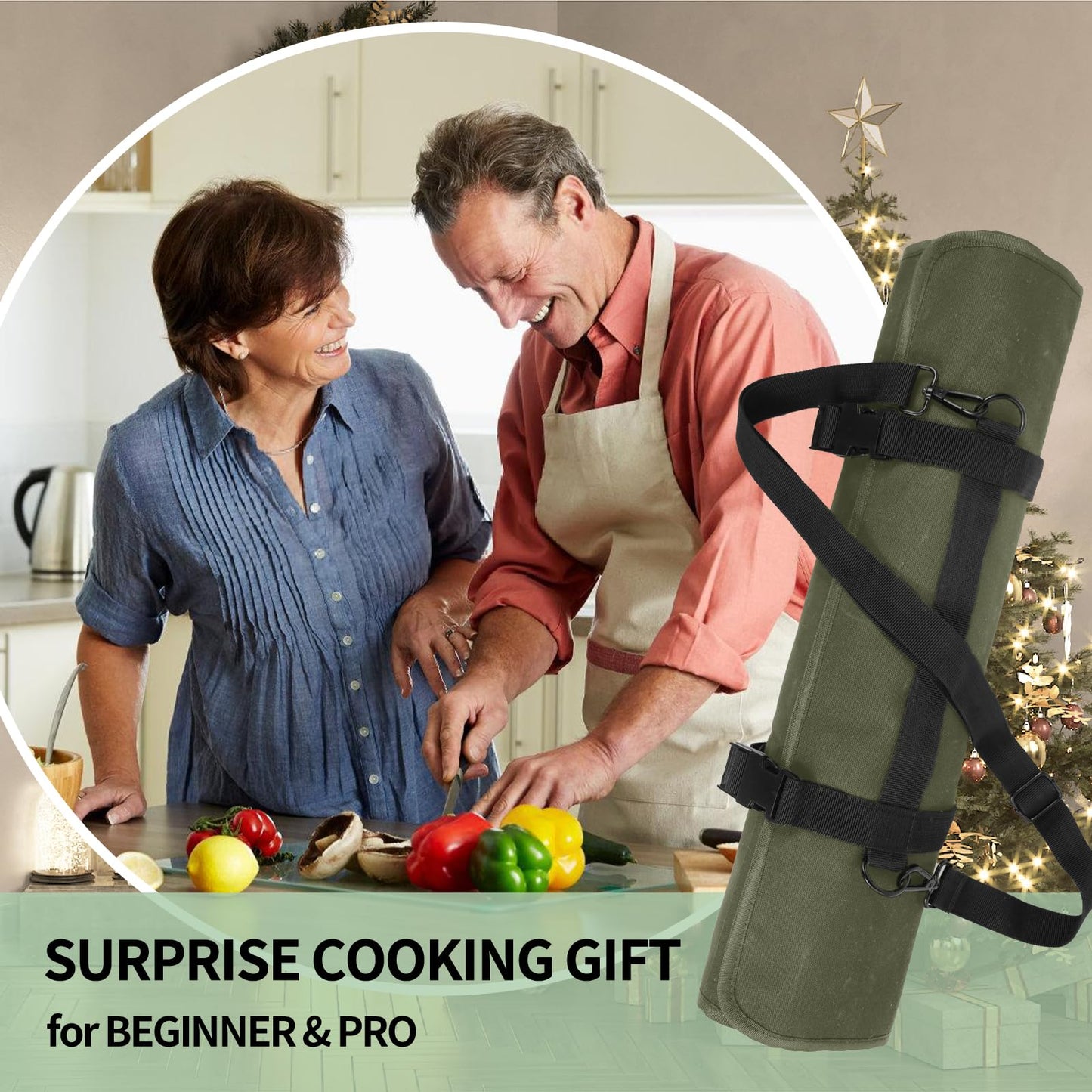 lelezone Chef Knife Roll Bag,Waterproof Waxed Canvas Knife Case Holds,Knives Roll Bags for Chefs Professional with Adjustable Strap,Chef Backpack with 11 Knife Slots and a Large Zippered Pocket