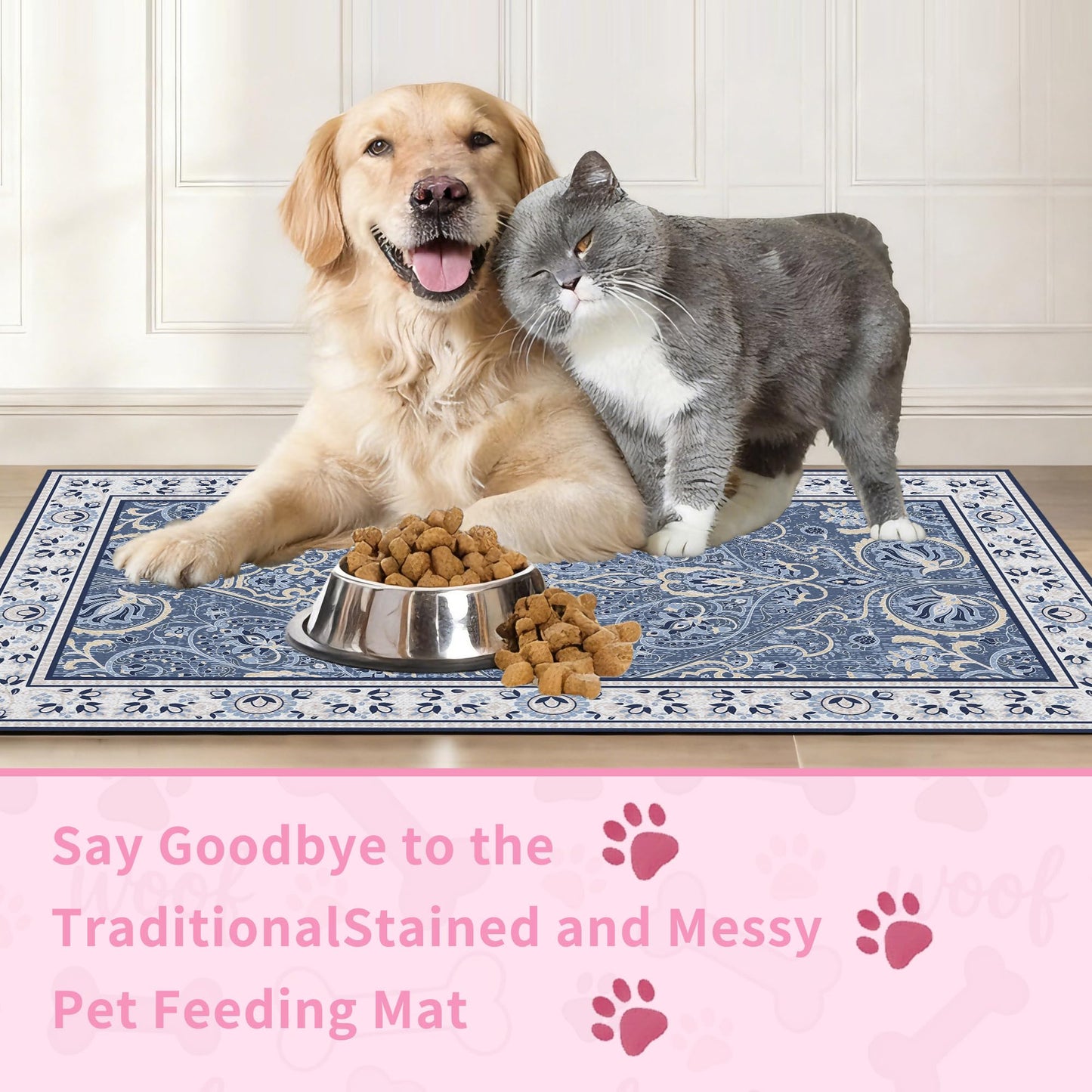 Blue Floral Pet Feeding Mat, Absorbent Dog/Cat Food Mat for Food and Water Bowl, Non-Slip Quick Dry Pet Placemat Floor Protector for Messy Drinkers(12 x 20 in)