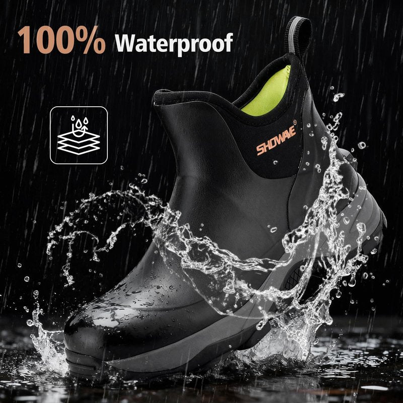 Showave Men's Rubber Boots Waterproof Rain Footwear Durable Short Hunting Boots for Mud Gardening Yard and Chore Working (Size 14,Black)