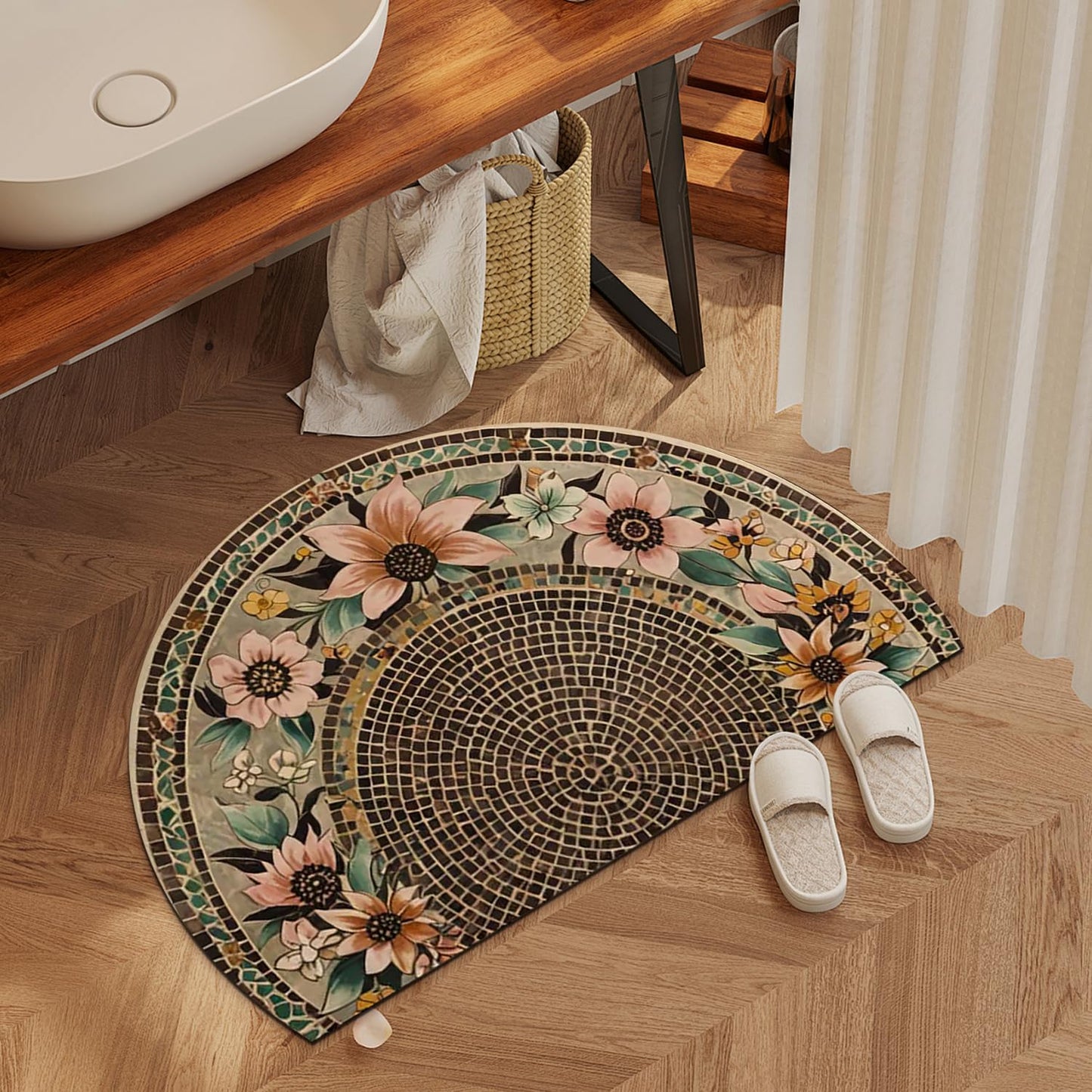 Half Round Door Mat 17"x30" Brown/Pink, Retro Blossoming Flowers Boho Semi Circle Rug, Non-Slip Washable Absorbent Mat, Soft Half Moon Floor Mat for Indoor Outdoor Front Door Kitchen Bathroom Patio