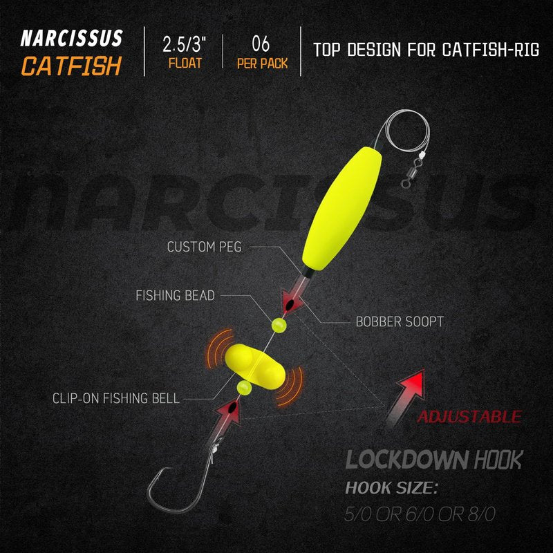 Narcissus Catfish Rigs Set – 6 Pre-Tied Rigs with 2 Sinker Sliders & 2oz Pyramid Sinker, Float Rigs Tackle, Santee Rig, Circle Hooks 6/0 – Complete & Ready-to-Use Kit (Hook Size 6/0-6pcs)