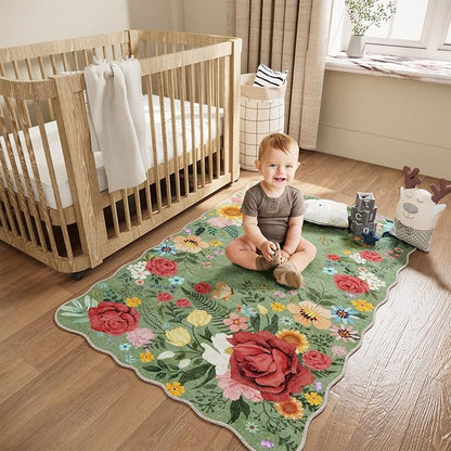 Washable Entryway Small Area Rugs: Door Mat Indoor Entrance 3x5 Floral Rug Ultra Thin Stain Resistant Non Slip Low Pile Lightweight Carpet for Kitchen, Front Door, Kids Room Decor (Green)