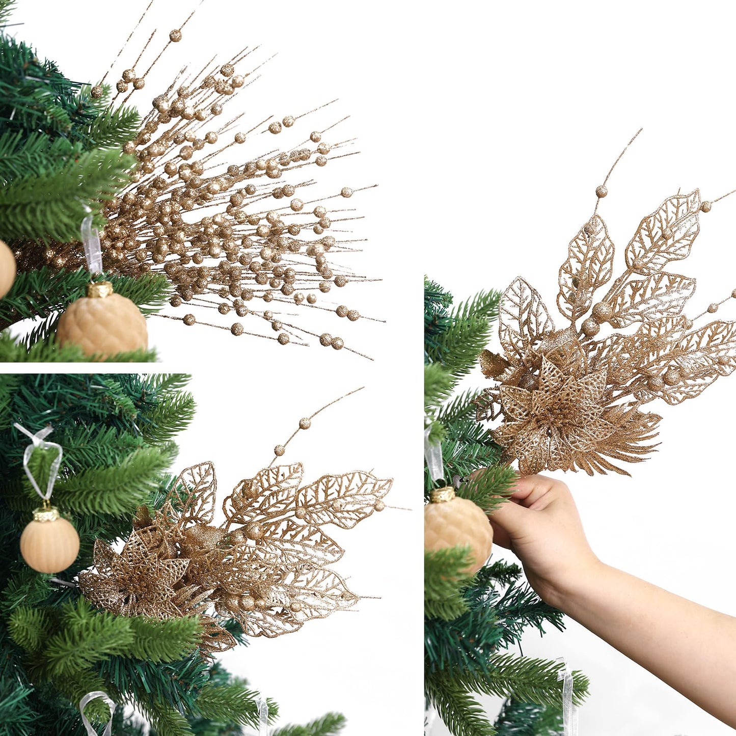 24 Pack Christmas Tree Ornaments - Artificial Flowers Glitter Berry Stems Christmas Floral Picks Branches for Xmas Tree Decorations Vase Filler Holiday Wedding Party Home Decor (Champagne)
