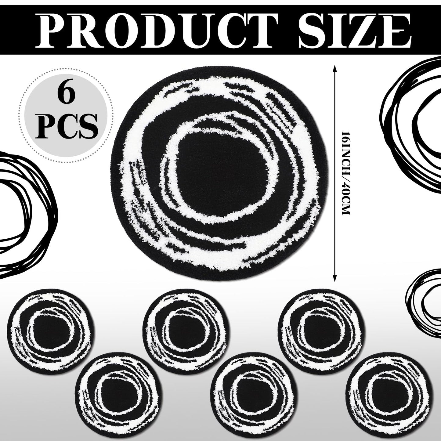Teenyyou 6 Pcs 16" Black Fluffy Round Classroom Rug Elementary Sampler Abstract Educational Fuzzy Plush Area Rug Kid Room Children Classroom Carpet Playroom Learning Black Round Flexible Seat