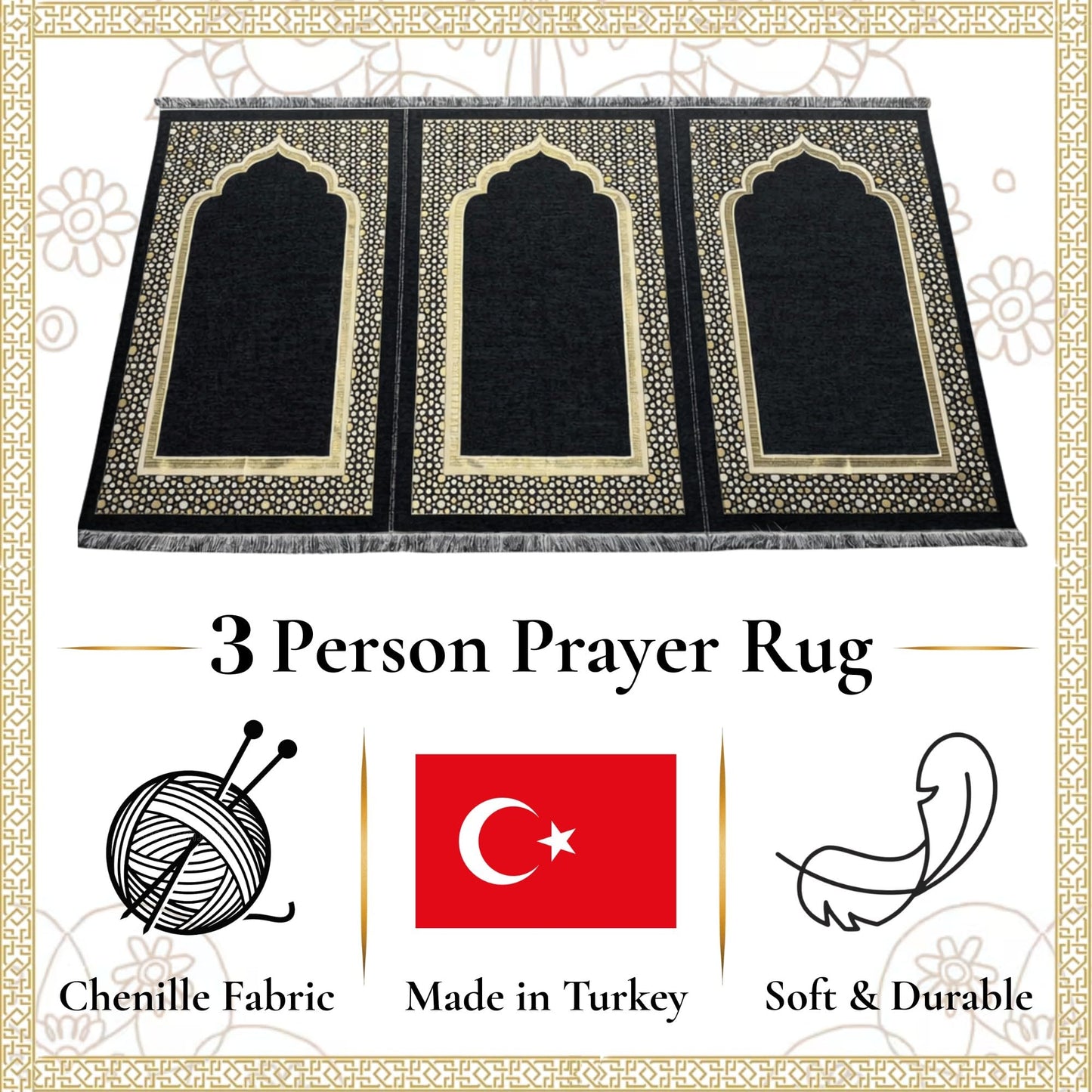 Modefa Turkish Islamic Prayer Mat - Wide Chenille Praying Mat - Multi Person Muslim Janamaz Sajada for Family - Large Gathering & Group Praying Carpet - Selcuk Star 3 Person (Black)