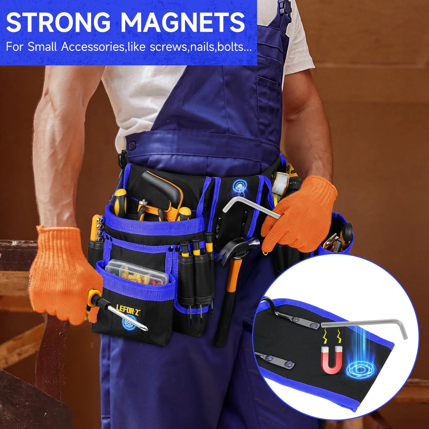 Tool Belt,Magnetic Tool Pouch,27-Pockets Heavy Duty Tool Belts for Men,Detachable Tool Pouch Bag for Electrician,Carpenter,Construction,Work Apron,Utility Belt,Valentines Day Gifts for Men,Black,Blue