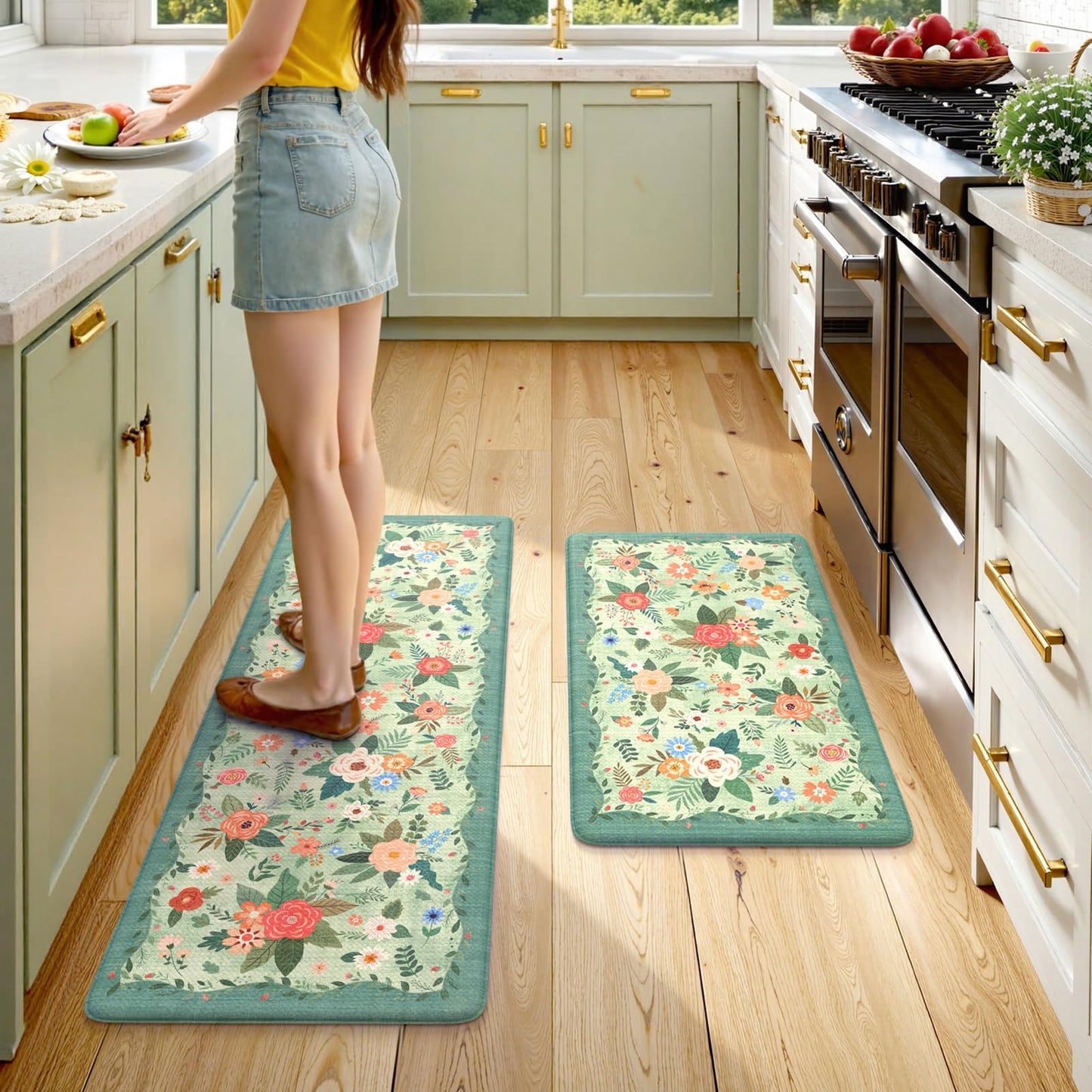 KIMODE Anti Fatigue Mats for Kitchen Floor 17"x47"+17"x29",Green Farmhouse Kitchen Rugs Sets of 2, Cushioned Kitchen Floor Mats Non Skid, Memory Foam Mats for Laundry Office Sink Desk