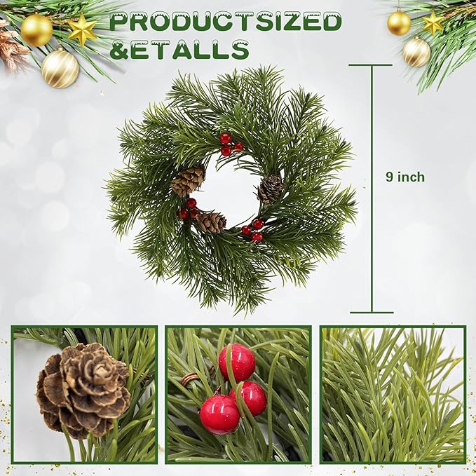 4 Pcs 9'' Christmas Candle Rings Wreaths, Artificial Small Wreath with Red Berry Pinecone for Table top Centerpiece Candle Holder