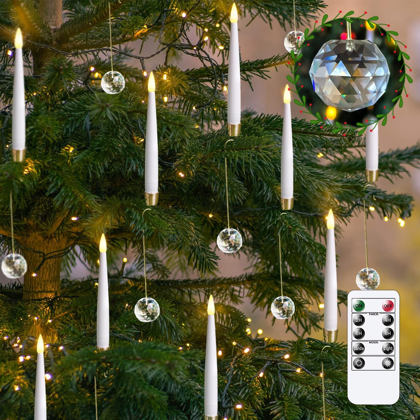 Mavandes LED Taper Candles with Clear Crystal Ball Hooks, Remote Timer White 12pcs Plastic Flameless Candlesticks Flickering Battery Operated Warm Light for Home Party Decor Indoor (0.5" x 6")