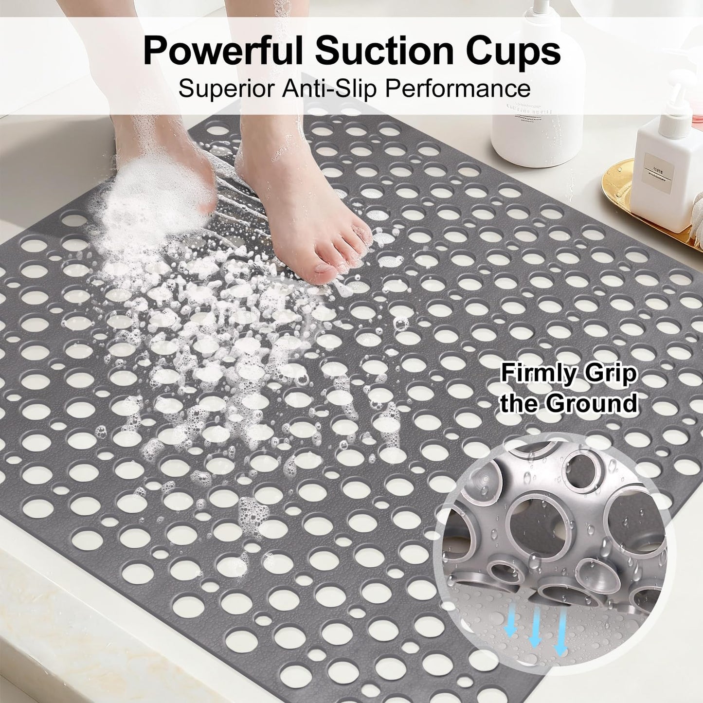 EIVINJE Anti Slip Shower Mat with Suction Cups,27x27 Inch Quick Drain TPE Non Slip Shower Mats for Inside Shower,Large Bath Mat for Shower Soft on Feet, Easy to Dry&Cut Machine Washable