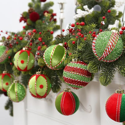 SY Super Bang Red Green Christmas Ball Ornaments, 15PCS Shatterproof Velvet Ornaments Set for Christmas Tree Hanging Decorations, for Holiday Party Xmas Decor - 80MM/3.14".